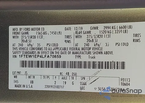 2020 Ford F-150 Xlt из США, поврежденный, VIN 1FTEW1EP4LFA70859